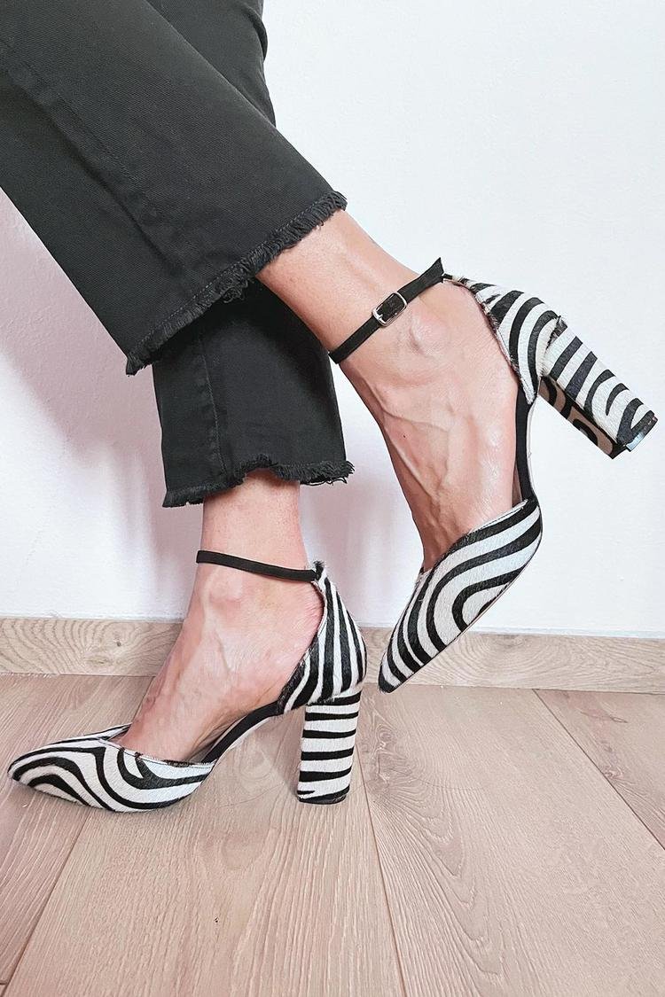 Zelvette | Women's Zebra Print Ankle Strap Block Heels - Striped - Image 1