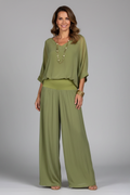 Zelvindra | Women's Two Piece Set Wide Leg Pants - Olive Green - Image 1