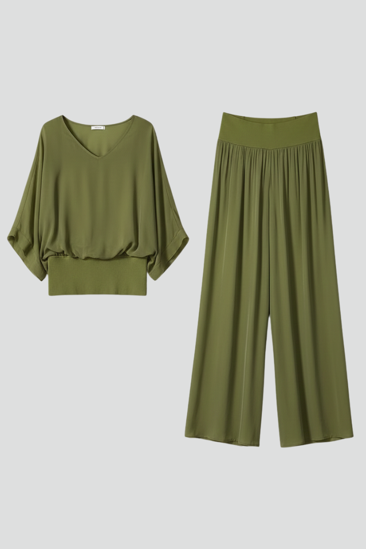Zelvindra | Women's Two Piece Set Wide Leg Pants - Olive Green - Image 2