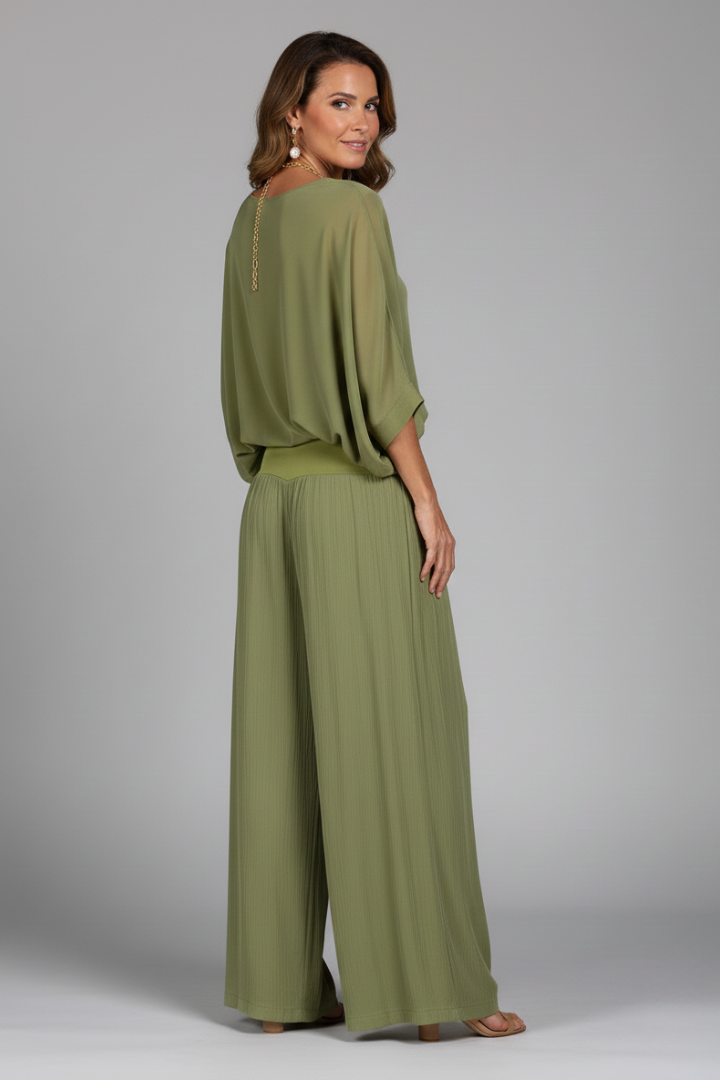 Zelvindra | Women's Two Piece Set Wide Leg Pants - Olive Green - Image 4