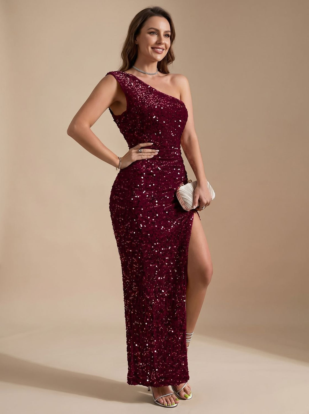 Zelvorne | Women's Sequin Maxi Dress One Shoulder - Burgundy - Image 1