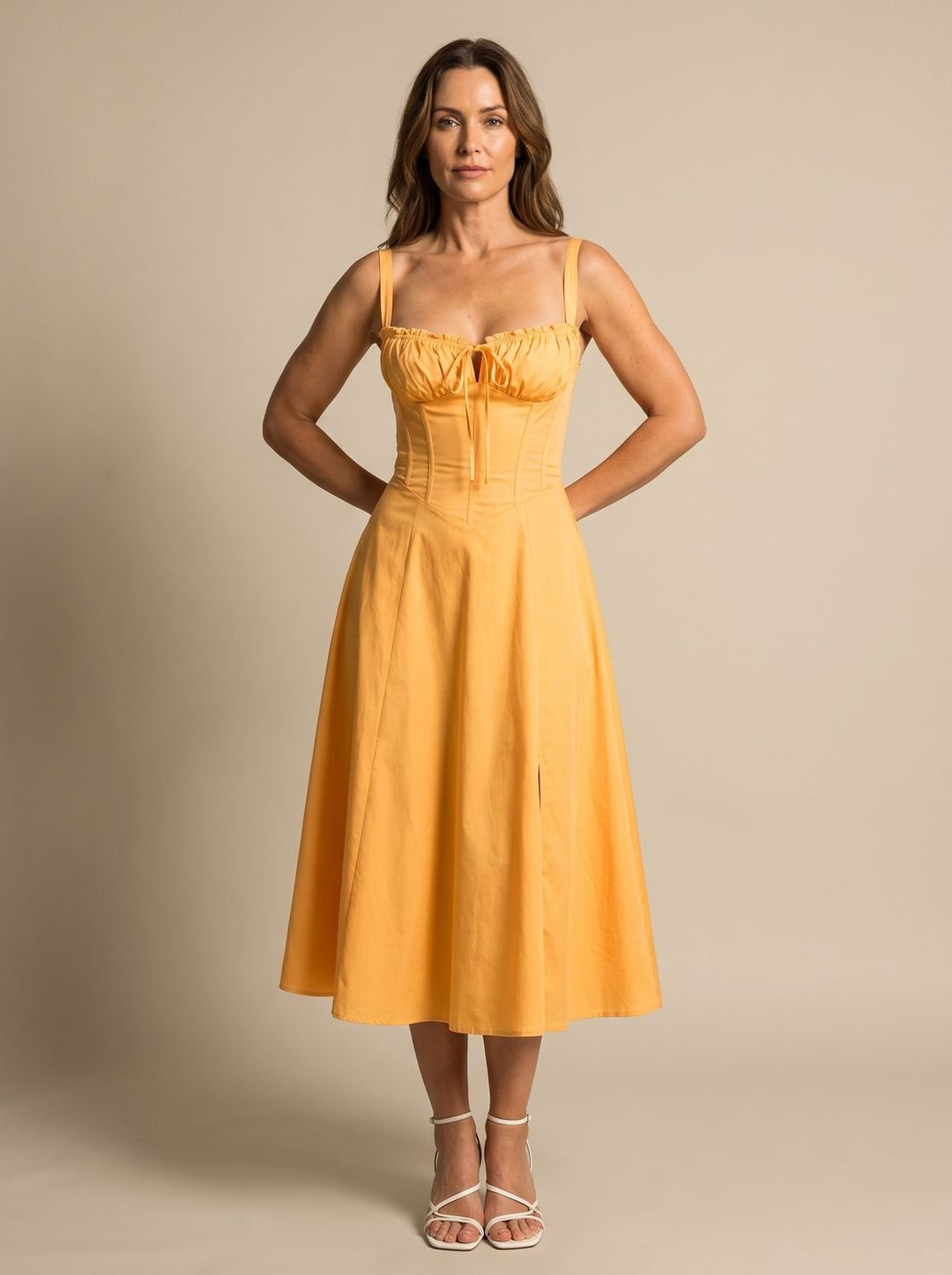 Zelvourne | Women's Summer Corset Midi Dress - Orange - Image 1