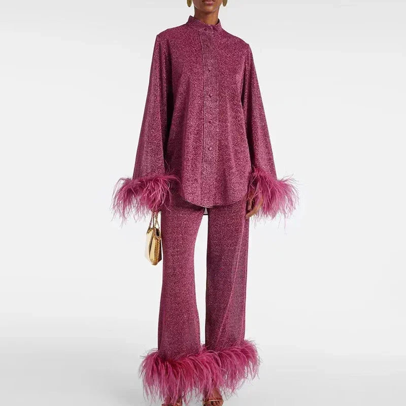 Zivanne | Women's Two Piece Set Feather Trim Co-ord - Image 4
