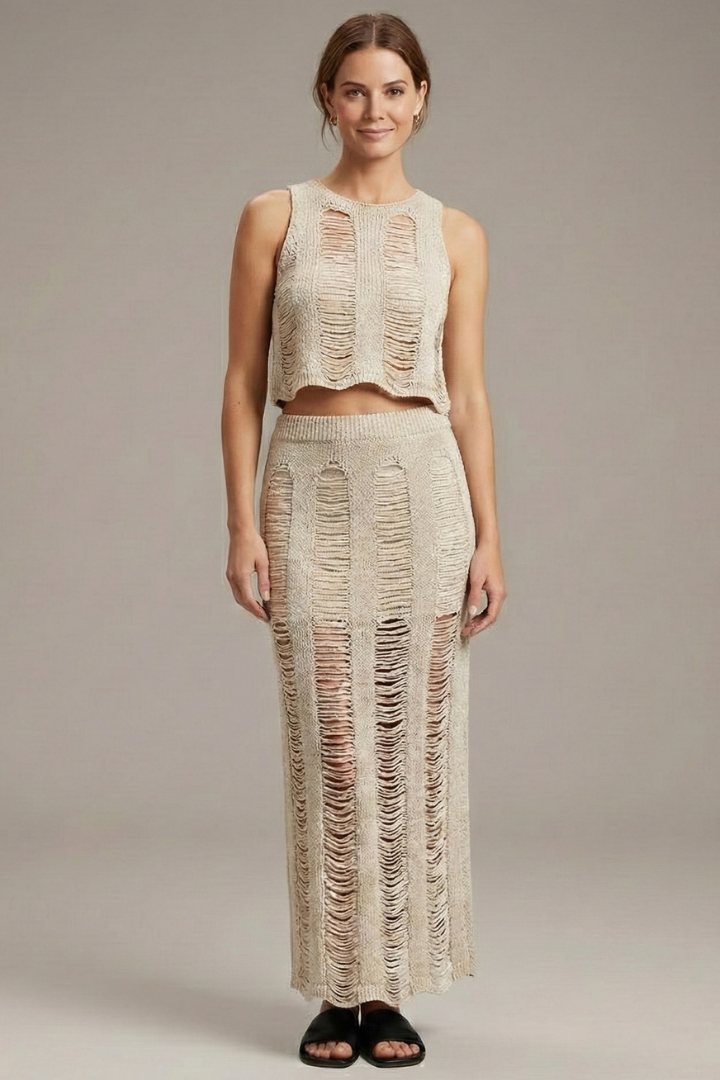 Zivelle | Women's Two Piece Knit Crop Top & Maxi Skirt Set - Beige - Image 1