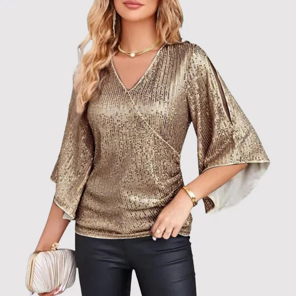 Zivenne | Women's Christmas Party Sequin Blouse - Gold - Image 2