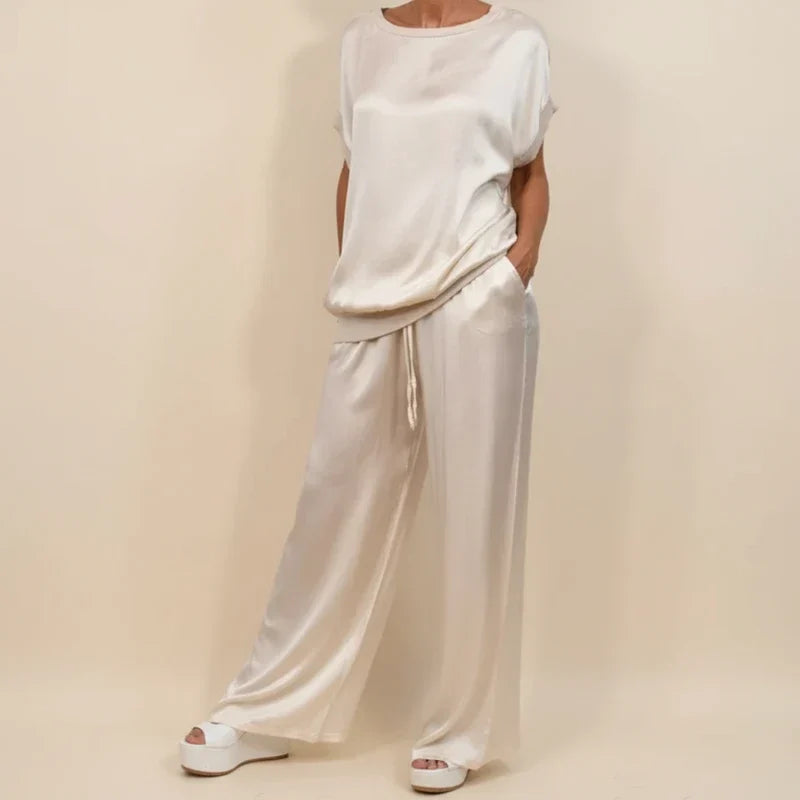 Zivorna | Women's Wide Leg Lounge Two-Piece Set - Cream - Image 1