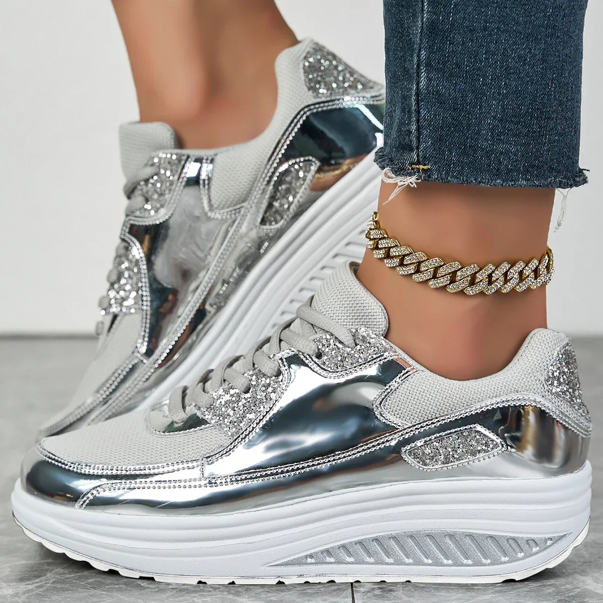 Zivorne | Women's Platform Wedge Trainers Metallic - Image 3