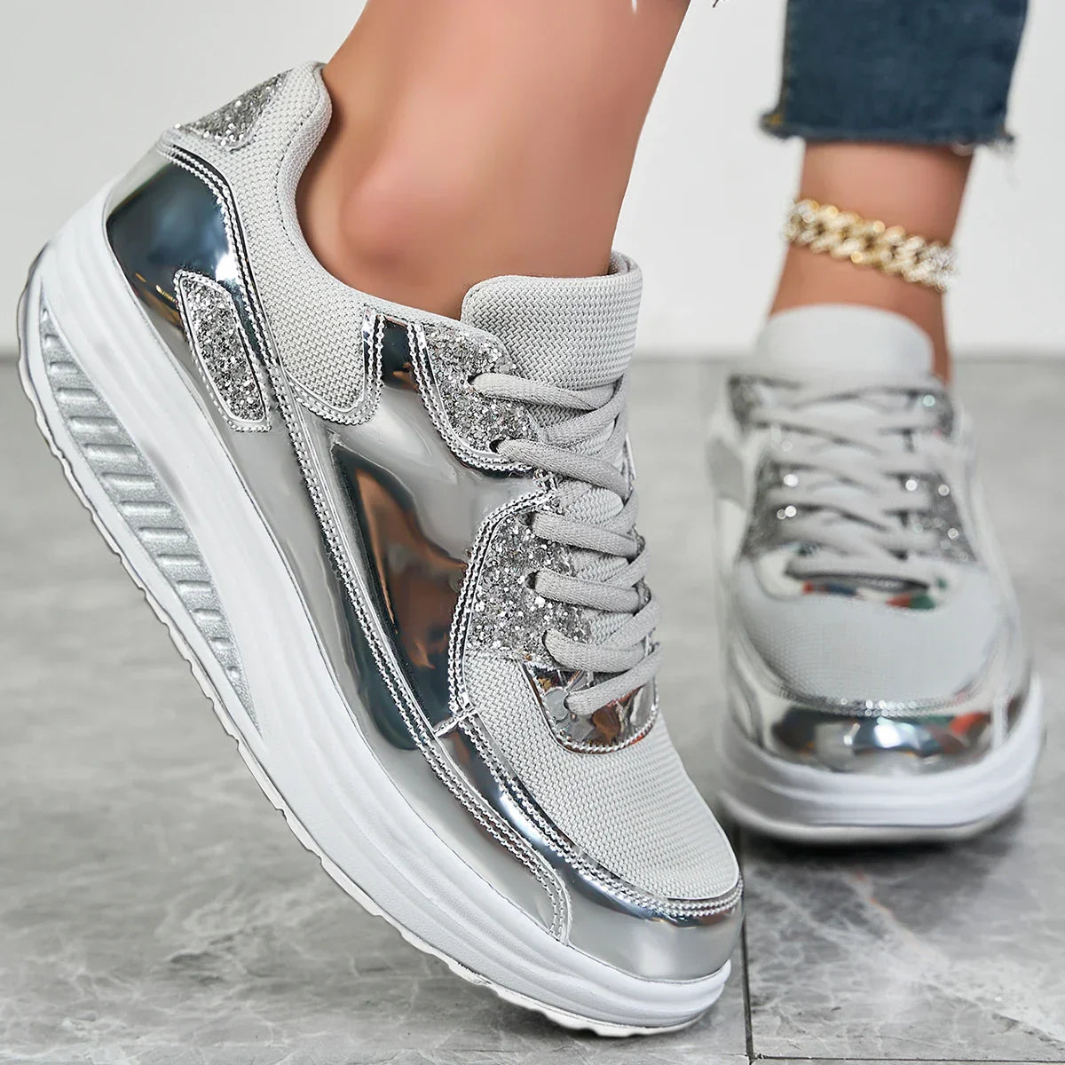 Zivorne | Women's Platform Wedge Trainers Metallic - Image 4