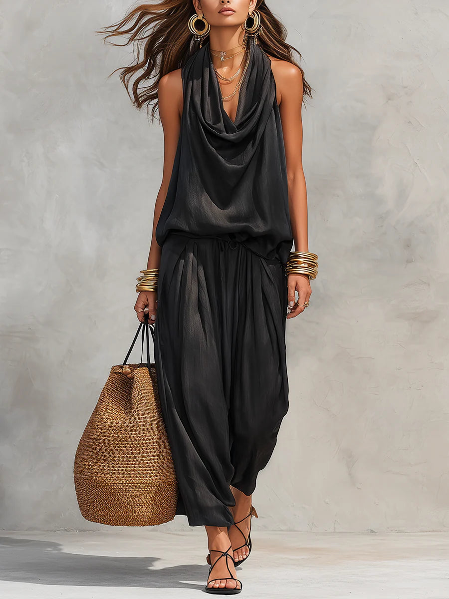 Zivourne | Women's Halter Two Piece Harem Pants Set - Black - Image 1