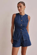 Zolvenne | Women's Denim Shorts & Vest Co-ord Set - Navy - Image 1