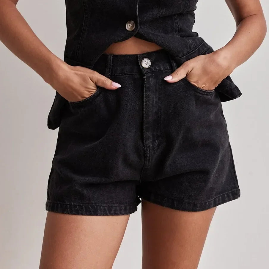 Zolvenne | Women's Denim Shorts & Vest Co-ord Set - Navy - Image 10