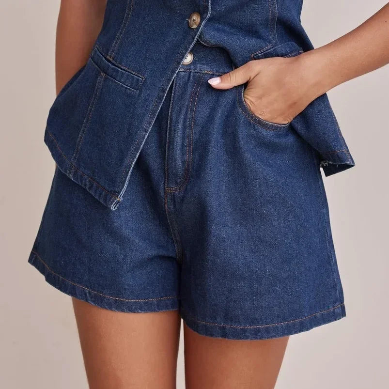 Zolvenne | Women's Denim Shorts & Vest Co-ord Set - Navy - Image 11