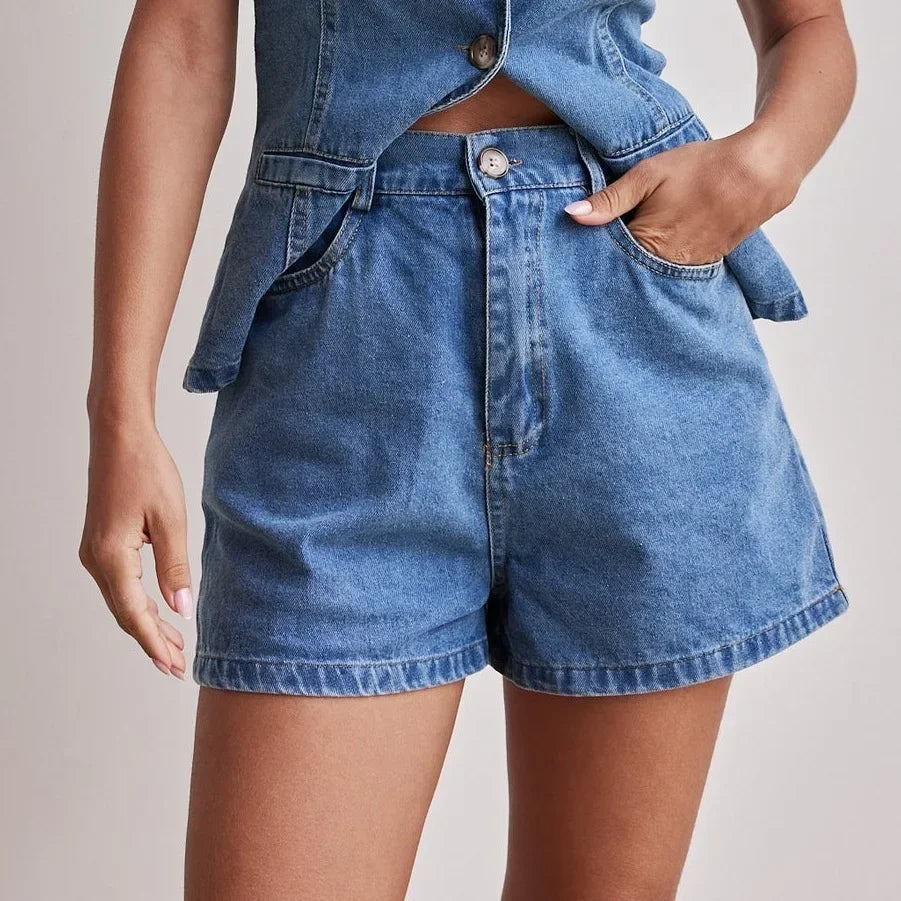 Zolvenne | Women's Denim Shorts & Vest Co-ord Set - Navy - Image 12