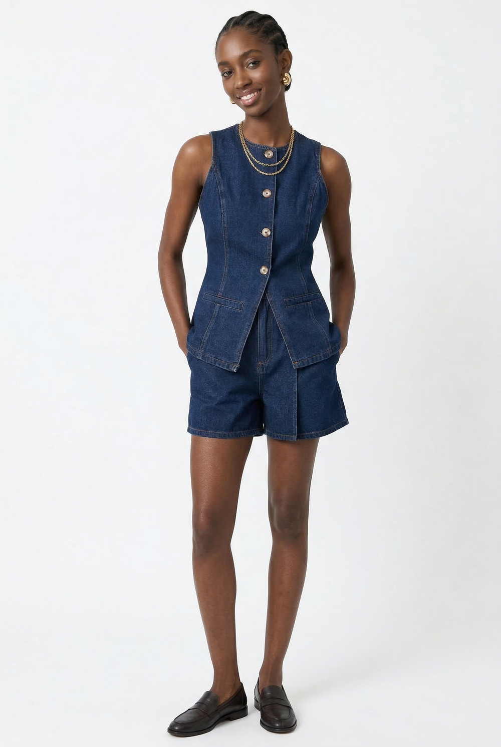 Zolvenne | Women's Denim Shorts & Vest Co-ord Set - Navy - Image 2