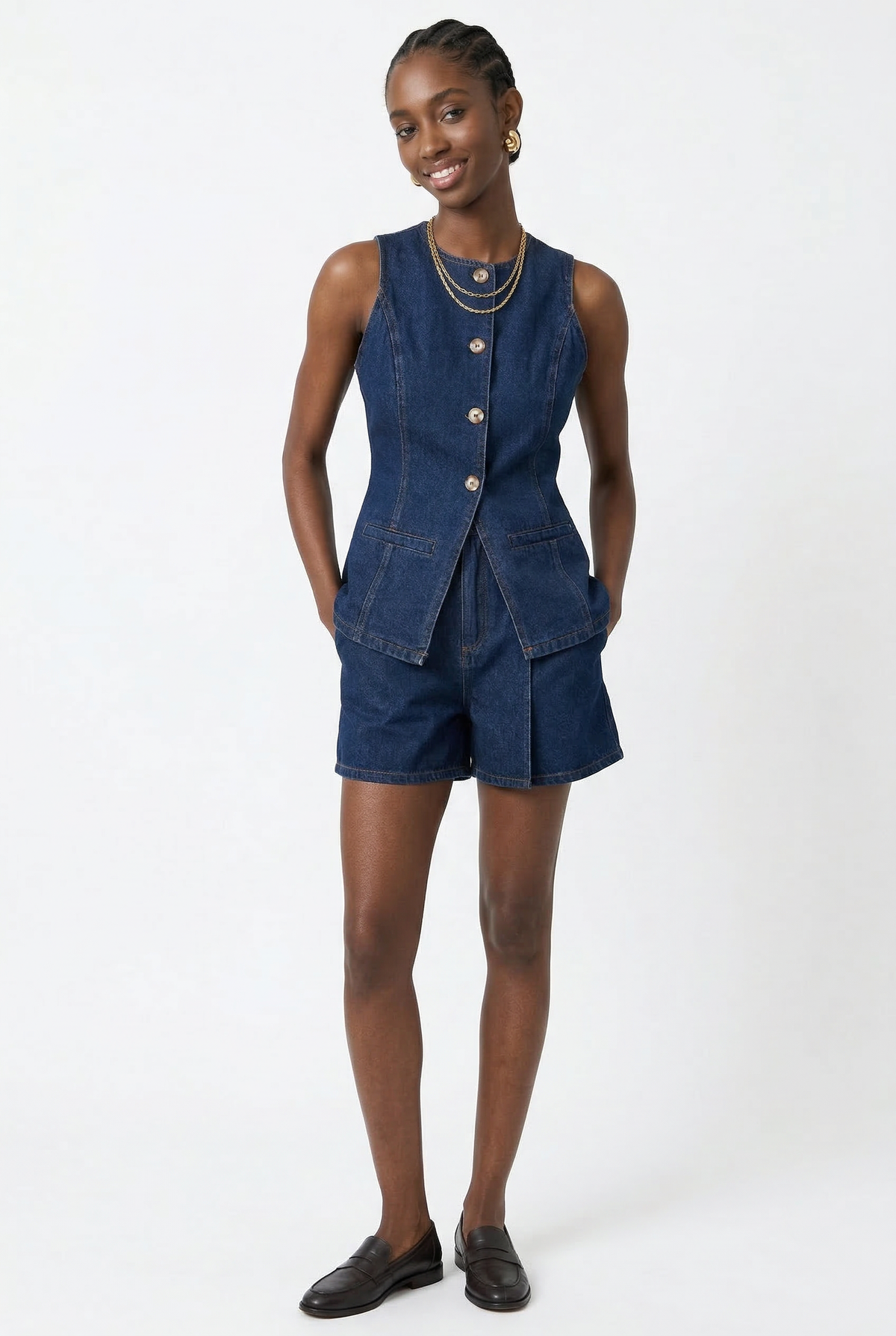 Zolvenne | Women's Denim Shorts & Vest Co-ord Set - Navy - Image 2