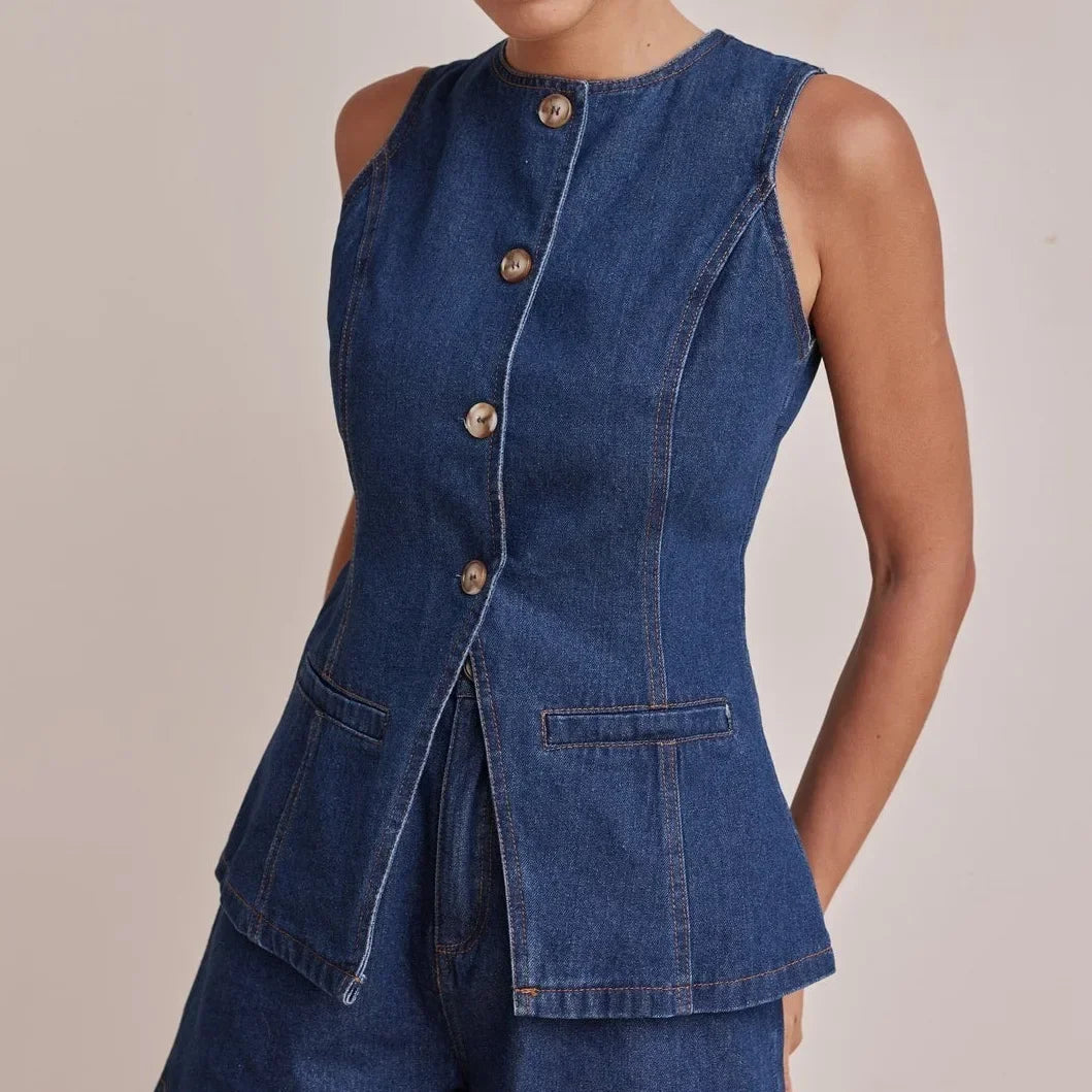 Zolvenne | Women's Denim Shorts & Vest Co-ord Set - Navy - Image 3