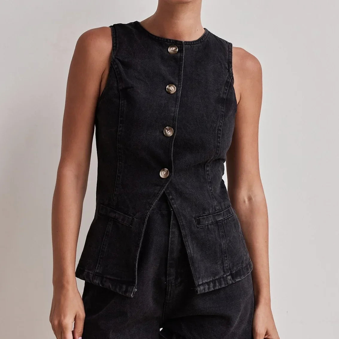 Zolvenne | Women's Denim Shorts & Vest Co-ord Set - Navy - Image 5