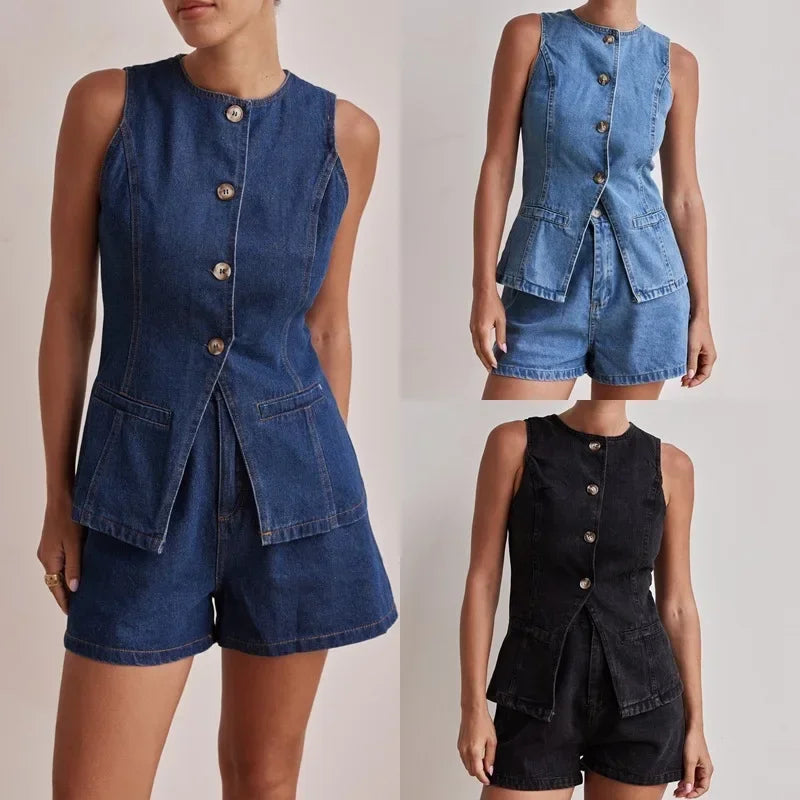 Zolvenne | Women's Denim Shorts & Vest Co-ord Set - Navy - Image 6