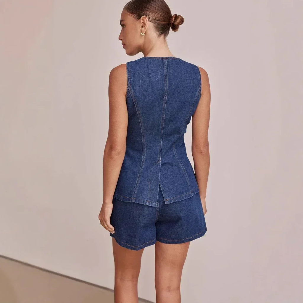 Zolvenne | Women's Denim Shorts & Vest Co-ord Set - Navy - Image 9