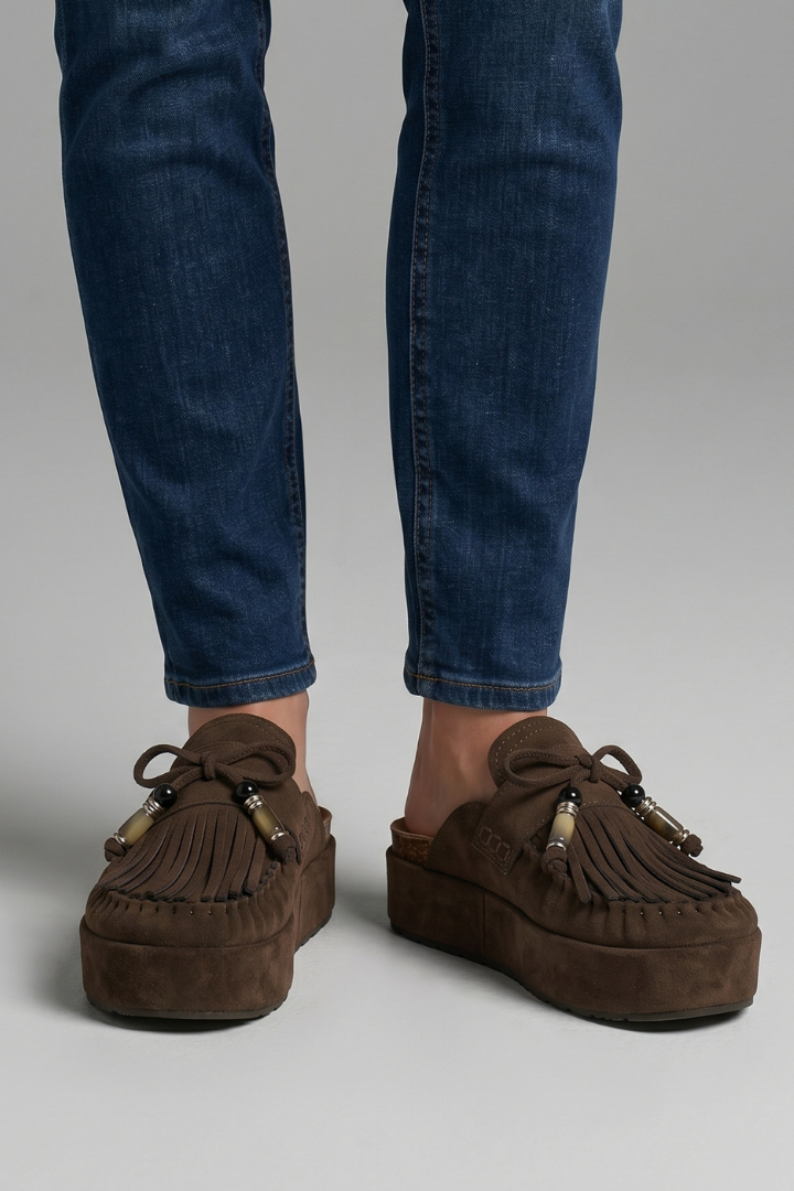 Zolvette | Women's Suede Platform Moccasin Mules - Dark Brown - Image 1