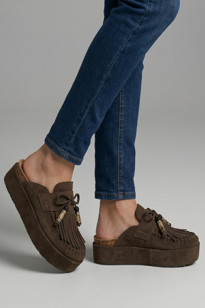 Zolvette | Women's Suede Platform Moccasin Mules - Dark Brown - Image 4