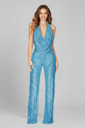 Zolvienne | Women's Christmas Party Sequin Halter Jumpsuit - Turquoise - Image 1